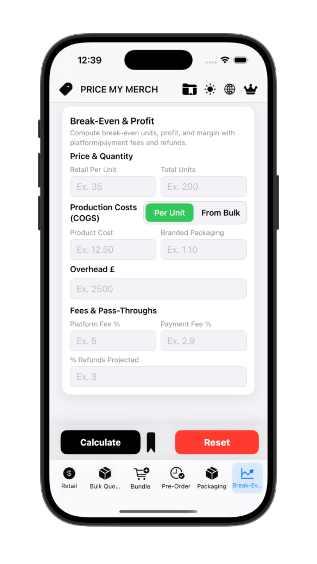 Break-Even & Profit Calculator screenshot