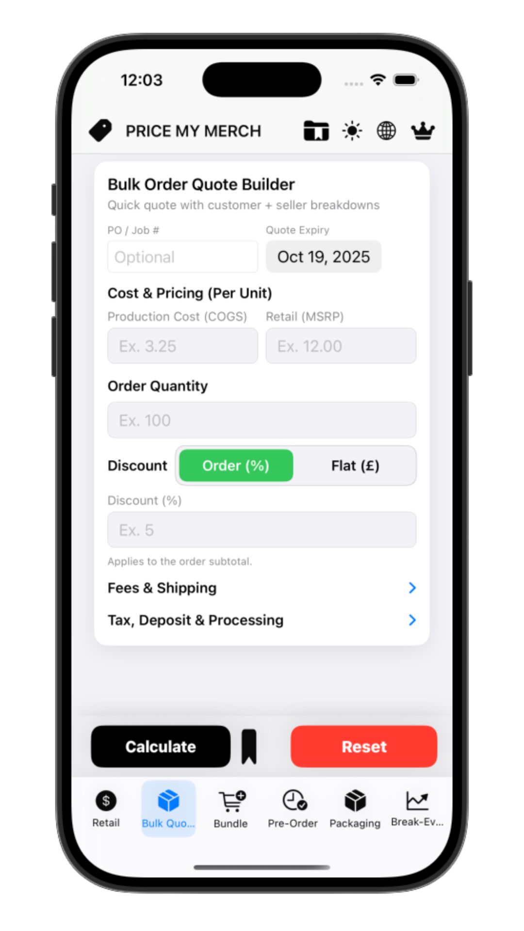 Bulk Order Quote Builder screenshot