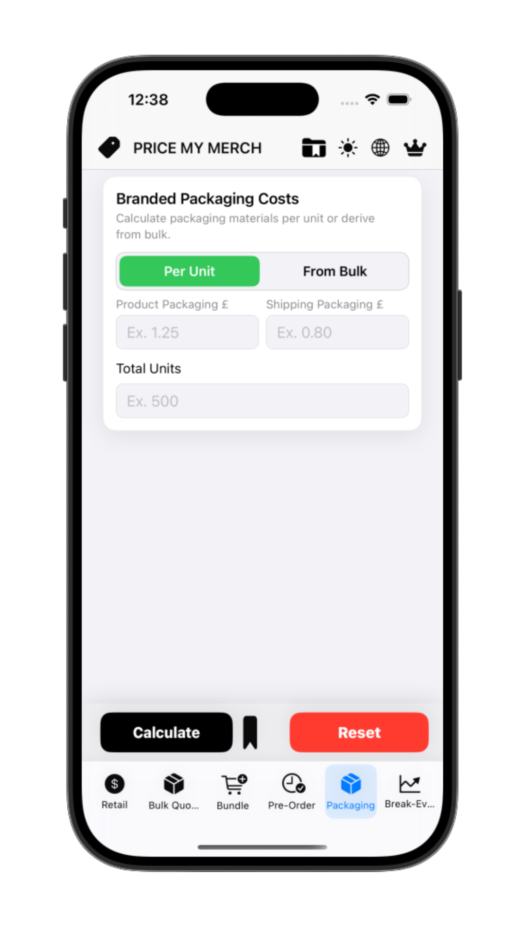 Packaging Cost Calculator screenshot